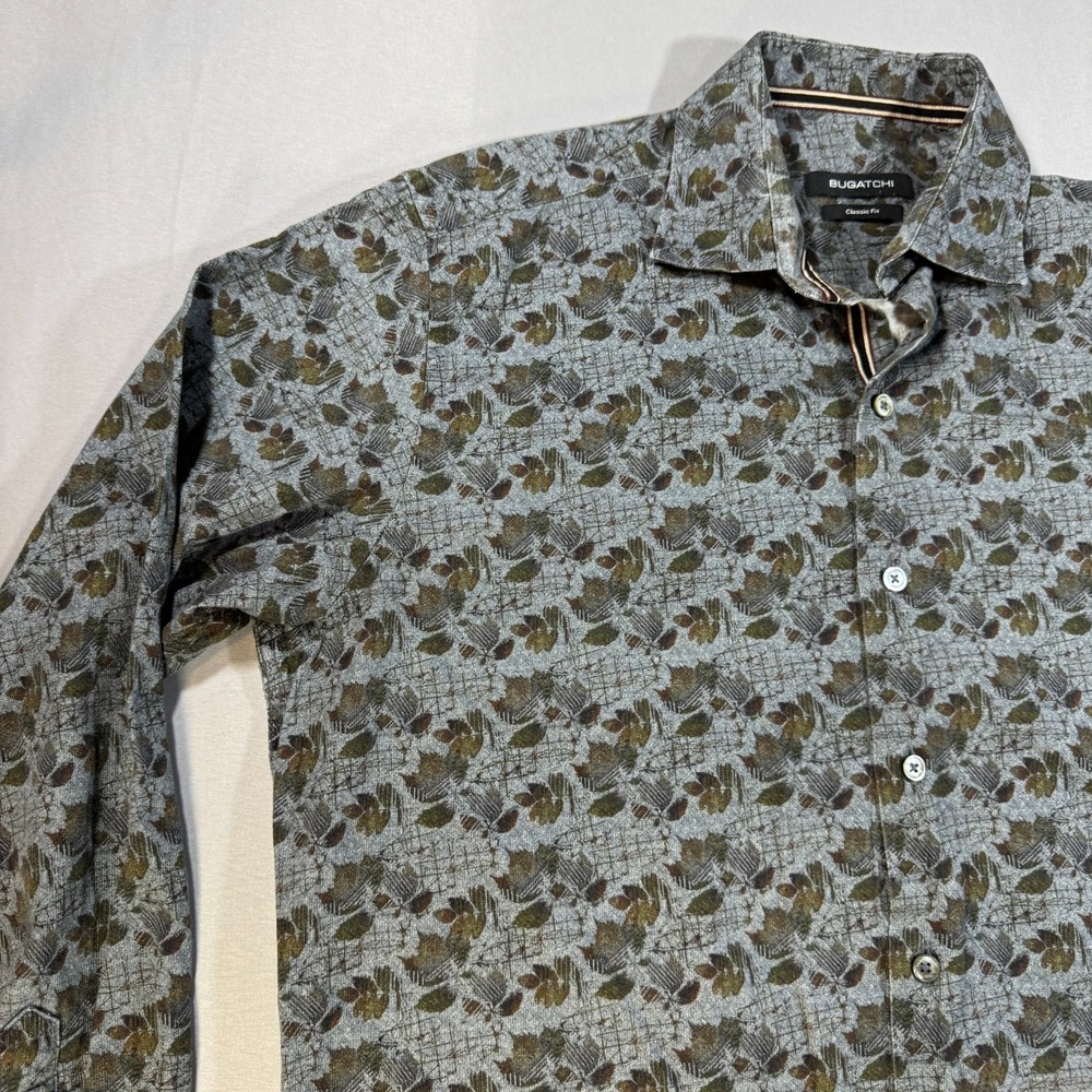 Bugatchi Mens Large Classic Fit Long Sleeve Button Down Shirt Leaf Print Gray - Picture 6 of 10